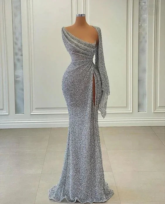 Abito lungo da sera con paillettes a sirena, scollatura irregolare, incantevole vestito da gala Y269