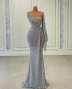 Abito lungo da sera con paillettes a sirena, scollatura irregolare, incantevole vestito da gala Y269