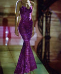 Vestido de fiesta sirena de encaje seductor con tirantes finos vestido de noche morado Y8204