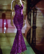 Vestido de fiesta sirena de encaje seductor con tirantes finos vestido de noche morado Y8204