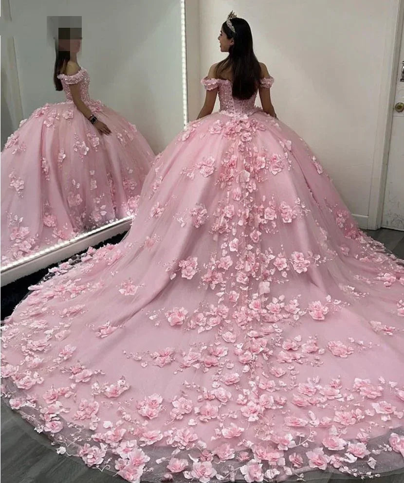 Robe de bal rose à épaules dénudées pour Quinceañera avec appliques 3D et corset Y6791