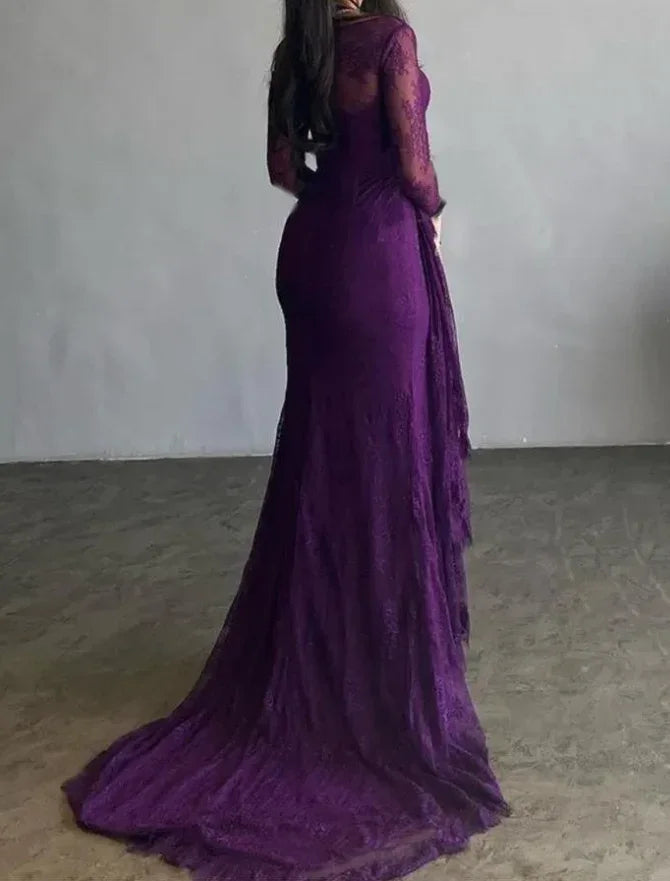 Splendido Abito da Sera in Pizzo Plissettato con Spacco Laterale da Sirena Viola Abito Lungo da Ballo Y7766