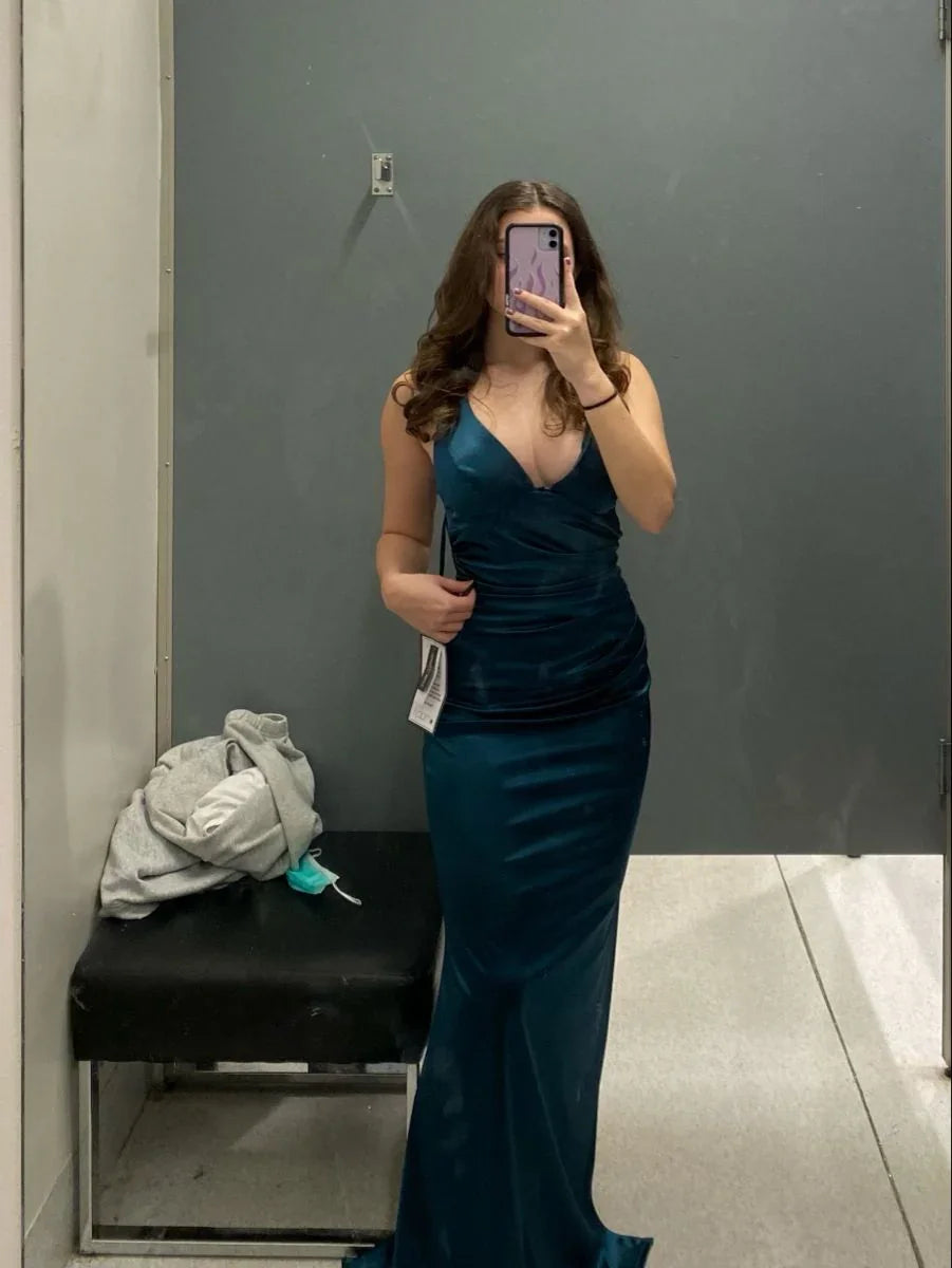 Vestido Formal Comprido Mulher Verde-azulado com Alças Cruzadas nas Costas, Cetim, Sem Mangas, Vestido de Noite Y2928