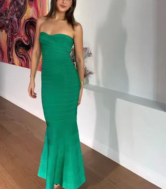 Einzigartiges grünes Satin trägerloses Meerjungfrauen-Abendkleid langes Ballkleid Y7895