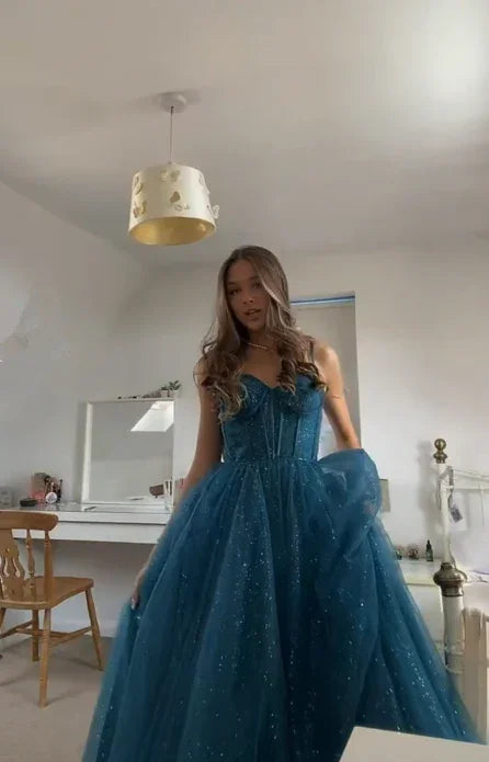 Vestido de Festa Elegante em Tule Brilhante com Alças Finas em Linha A Y406
