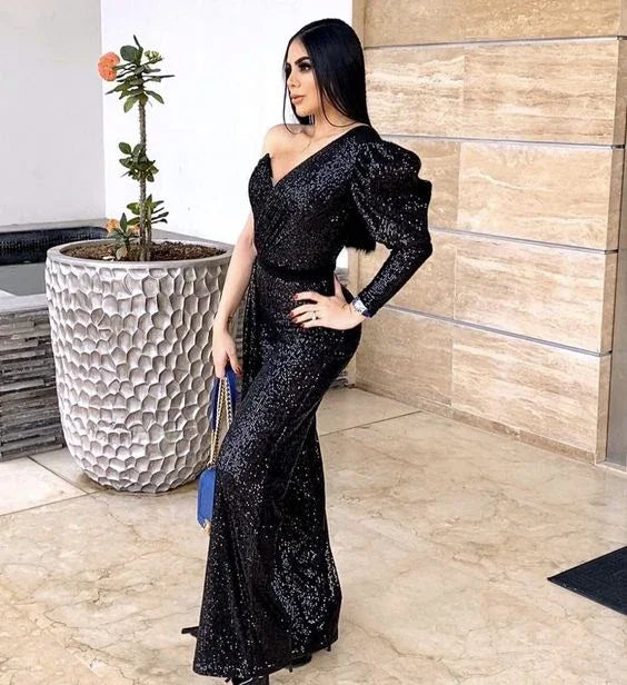 Abito da sera nero con paillettes, una manica, modello sirena, abito da ballo nero Y5880