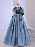 Vestido largo de gala azul satinado con encaje y hombros descubiertos vestido de noche Y5621