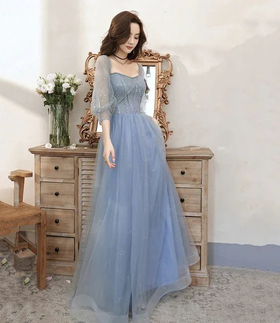 Abito lungo da ballo blu in tulle con perline, abito da sera blu Y5835