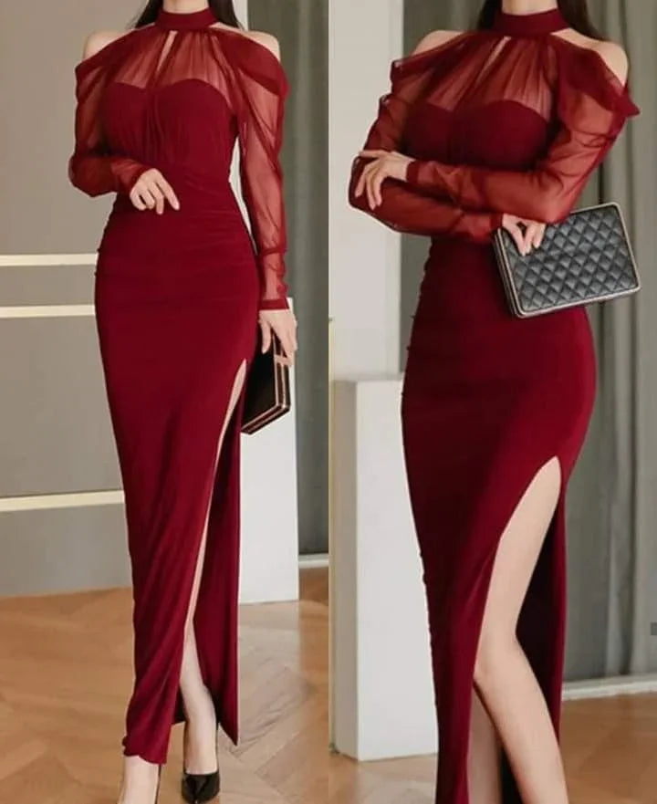 Abito lungo da donna a sirena, sexy, con spalle scoperte, vita alta, rete, spacco, aderente, elegante, corsetto, da festa e da sera Y5526