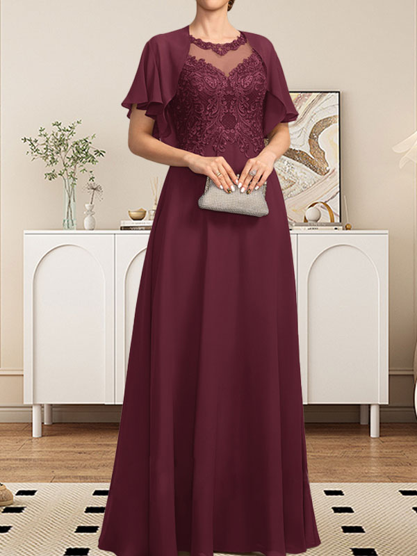 Robe de mère de la mariée en dentelle et mousseline, longueur au sol, coupe en A, décolleté illusion en forme de goutte, ornée de paillettes