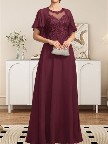 A-Linie, U-Ausschnitt, Illusion, bodenlanges Spitzen-Chiffon-Kleid für die Brautmutter mit Pailletten