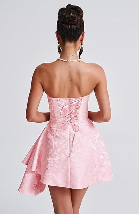 Robe courte de retour à la maison sans bretelles ni manches en satin jacquard, coupe en A, lacée asymétrique, robes de fête