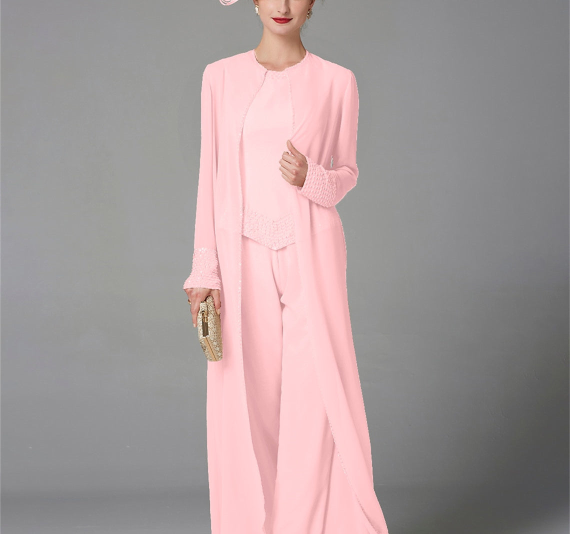 Mother Of The Bride Pantsuit With Jacket And Sequins Long Sleeve Chiffon