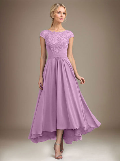 A-Linie U-Ausschnitt Illusion Asymmetrische Spitze Chiffon Mutter der Braut Kleid Mit Plissee 