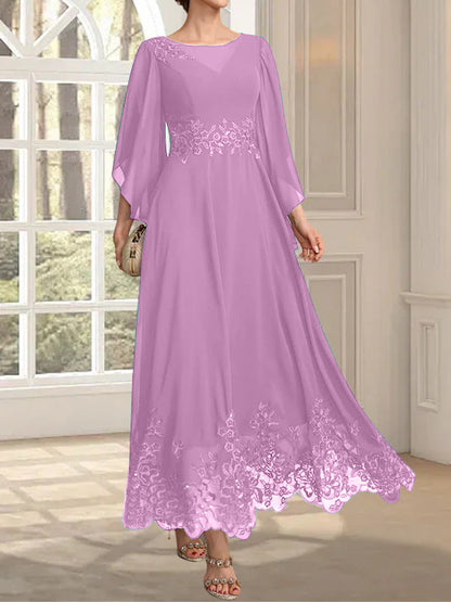 A-Linie, U-Ausschnitt, Illusion, knöchellang, Spitzen-Chiffon, Kleid für die Brautmutter mit Pailletten 
