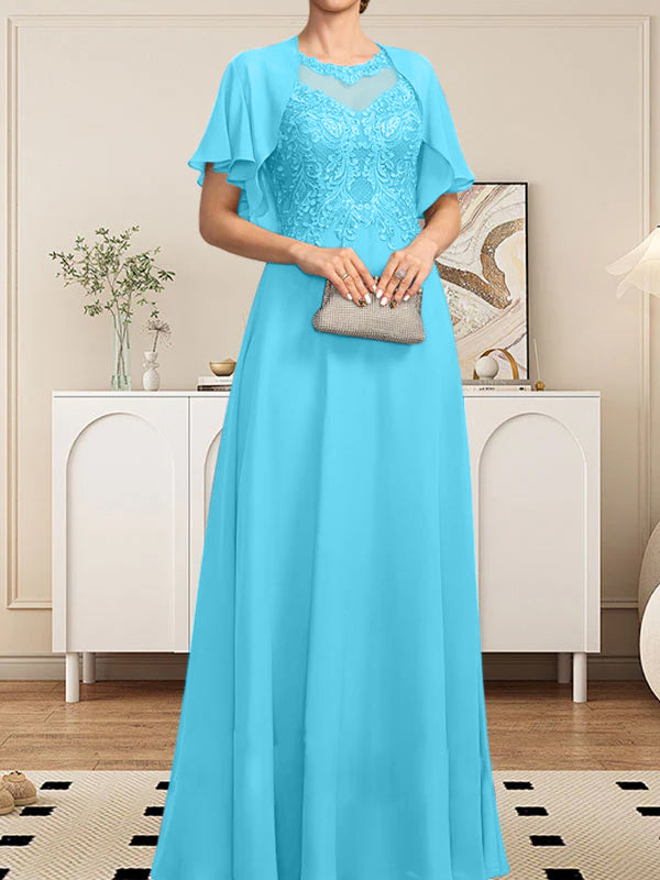 A-Linie, U-Ausschnitt, Illusion, bodenlanges Spitzen-Chiffon-Kleid für die Brautmutter mit Pailletten