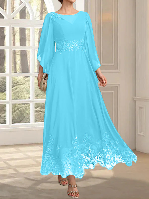 A-Linie, U-Ausschnitt, Illusion, knöchellang, Spitzen-Chiffon, Kleid für die Brautmutter mit Pailletten 