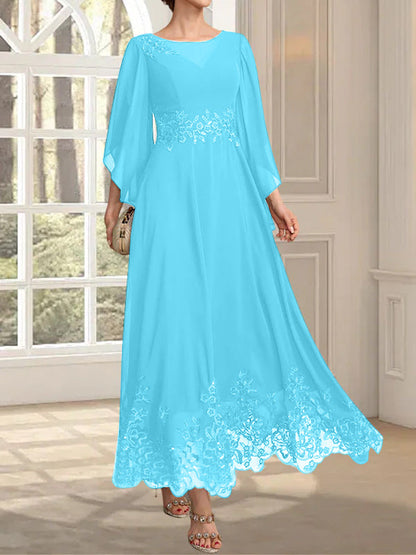 A-Linie, U-Ausschnitt, Illusion, knöchellang, Spitzen-Chiffon, Kleid für die Brautmutter mit Pailletten 