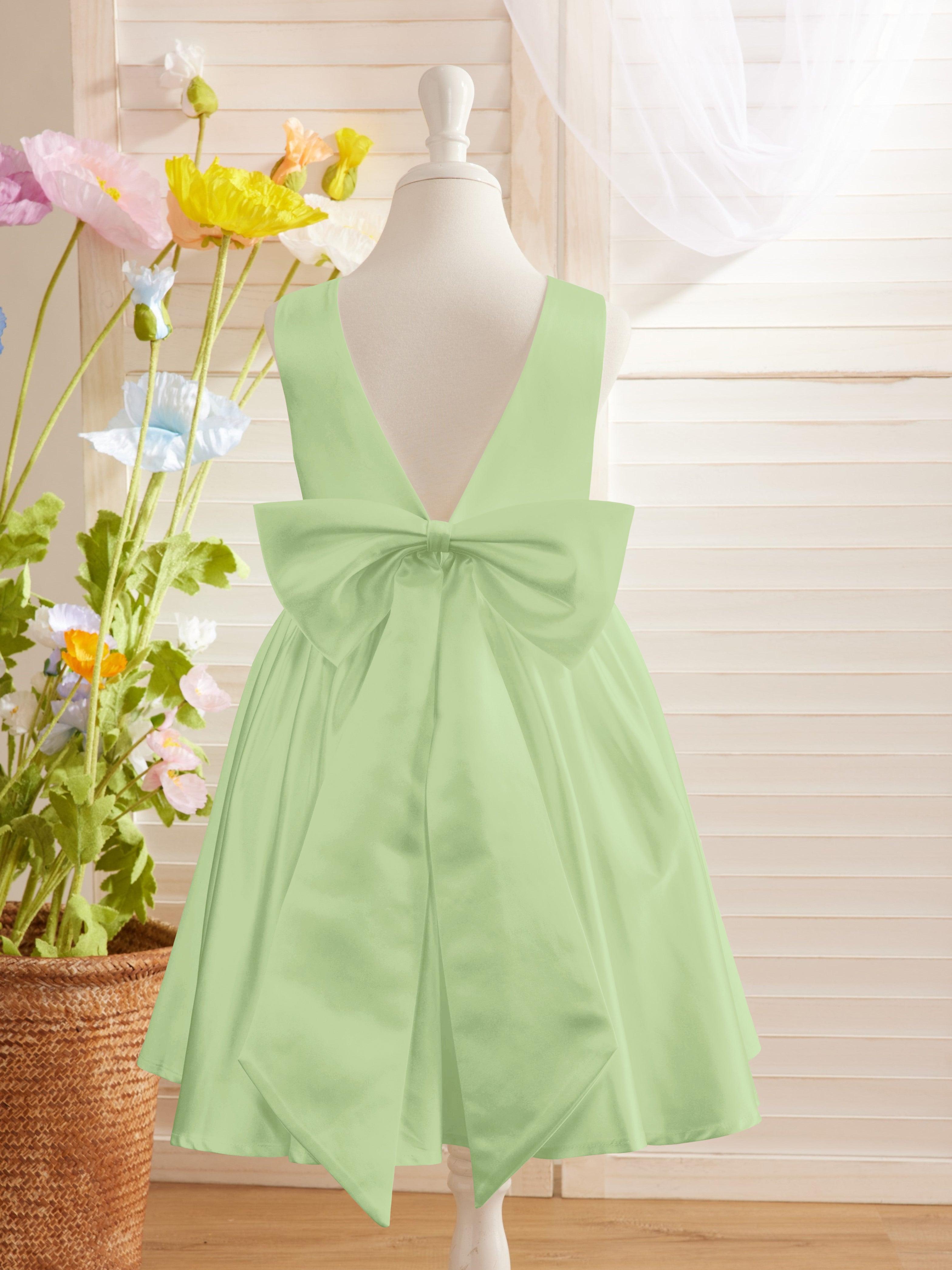 Ivory Satin Princess Flower Girl Knee Length Dress With Bow - photo 5