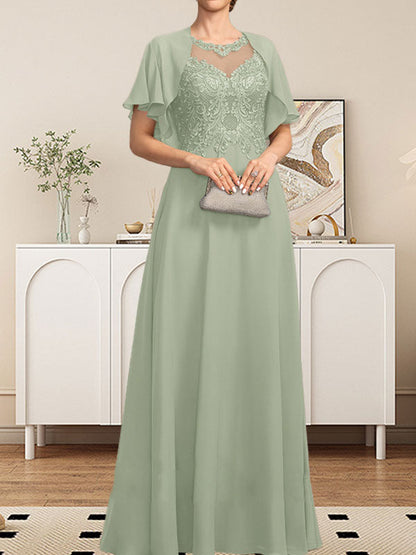 A-Linie, U-Ausschnitt, Illusion, bodenlanges Spitzen-Chiffon-Kleid für die Brautmutter mit Pailletten
