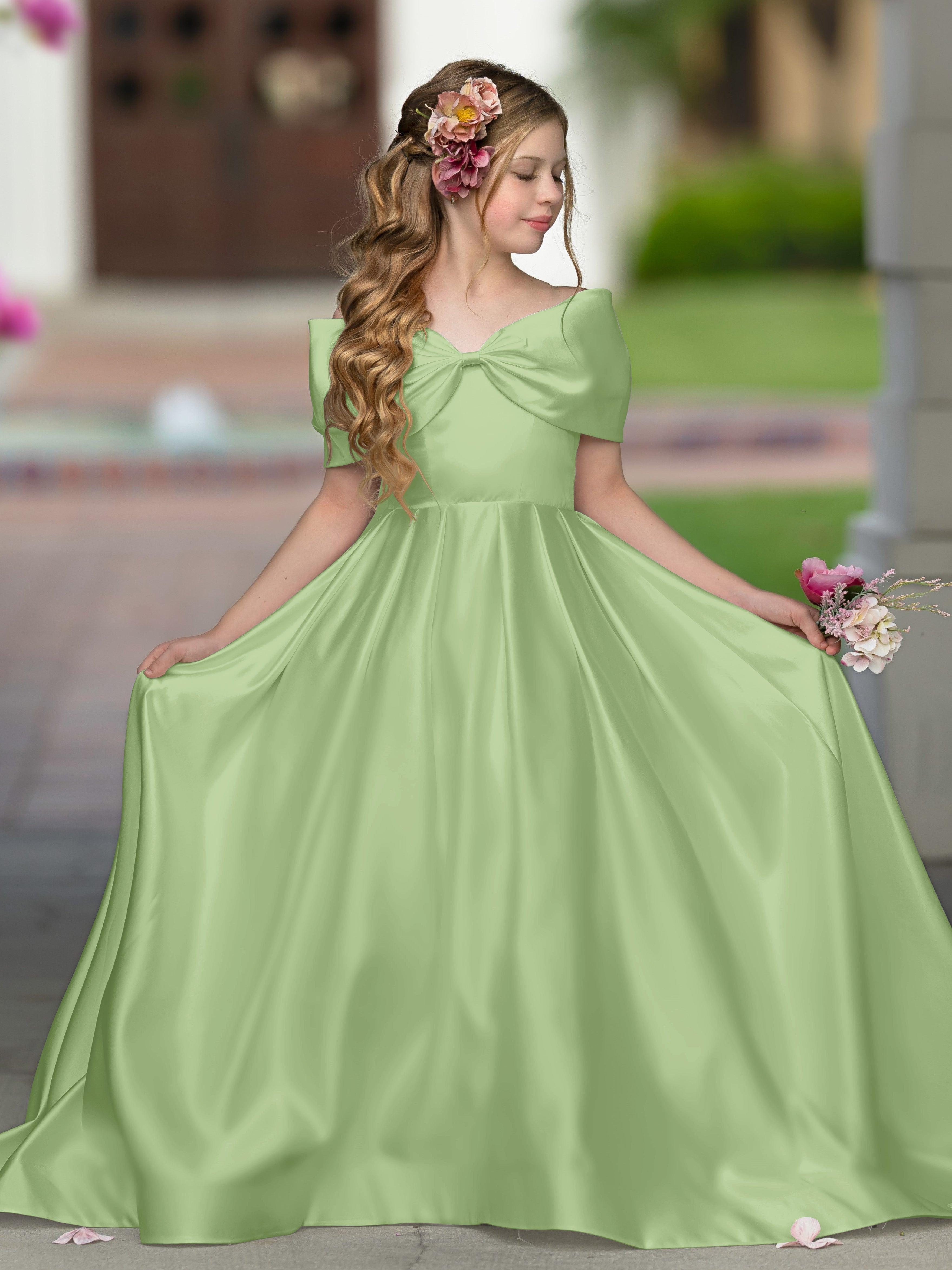 Ivory Satin Flower Girl Princess Ball Gown With Sweep Train And Bow Trim
