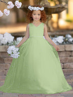 Floor Length V Neck Satin Tulle Princess Flower Girl Dress
