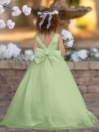 Floor Length V Neck Satin Tulle Princess Flower Girl Dress