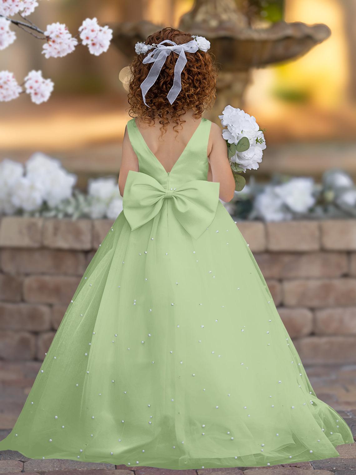 Floor Length V Neck Satin Tulle Princess Flower Girl Dress