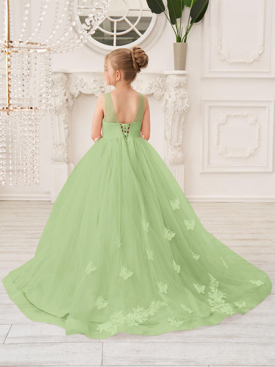 Elegant Sleeveless Tulle Flower Girl Dress With Applique Lace And Sweep Train