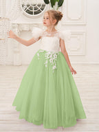 Detachable Lace Tulle Flower Girl Dress With Bow And Sweep Train