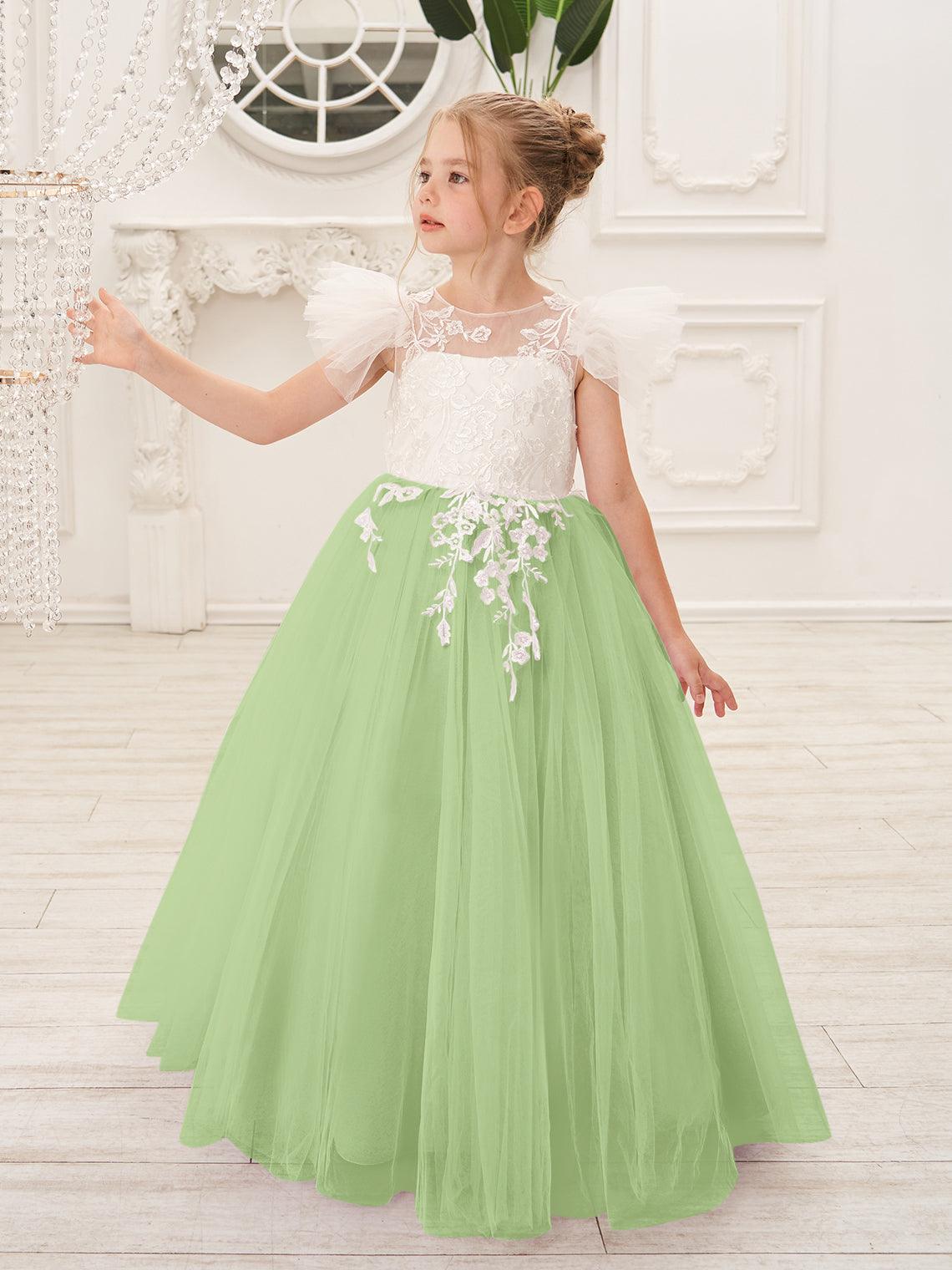 Detachable Lace Tulle Flower Girl Dress With Bow And Sweep Train