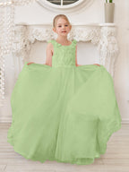 Elegant White Tulle Flower Girl Applique Lace Dress With Sweep Train