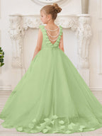 Elegant White Tulle Flower Girl Applique Lace Dress With Sweep Train