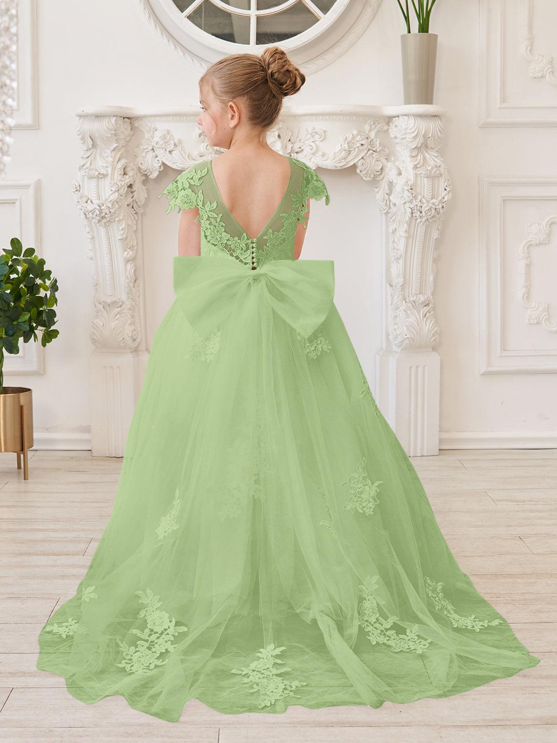 Ivory Lace Tulle First Communion Flower Girl Dress With Detachable Train