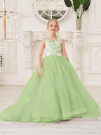 Elegant Sleeveless Tulle Flower Girl Dress With Applique Lace And Sweep Train
