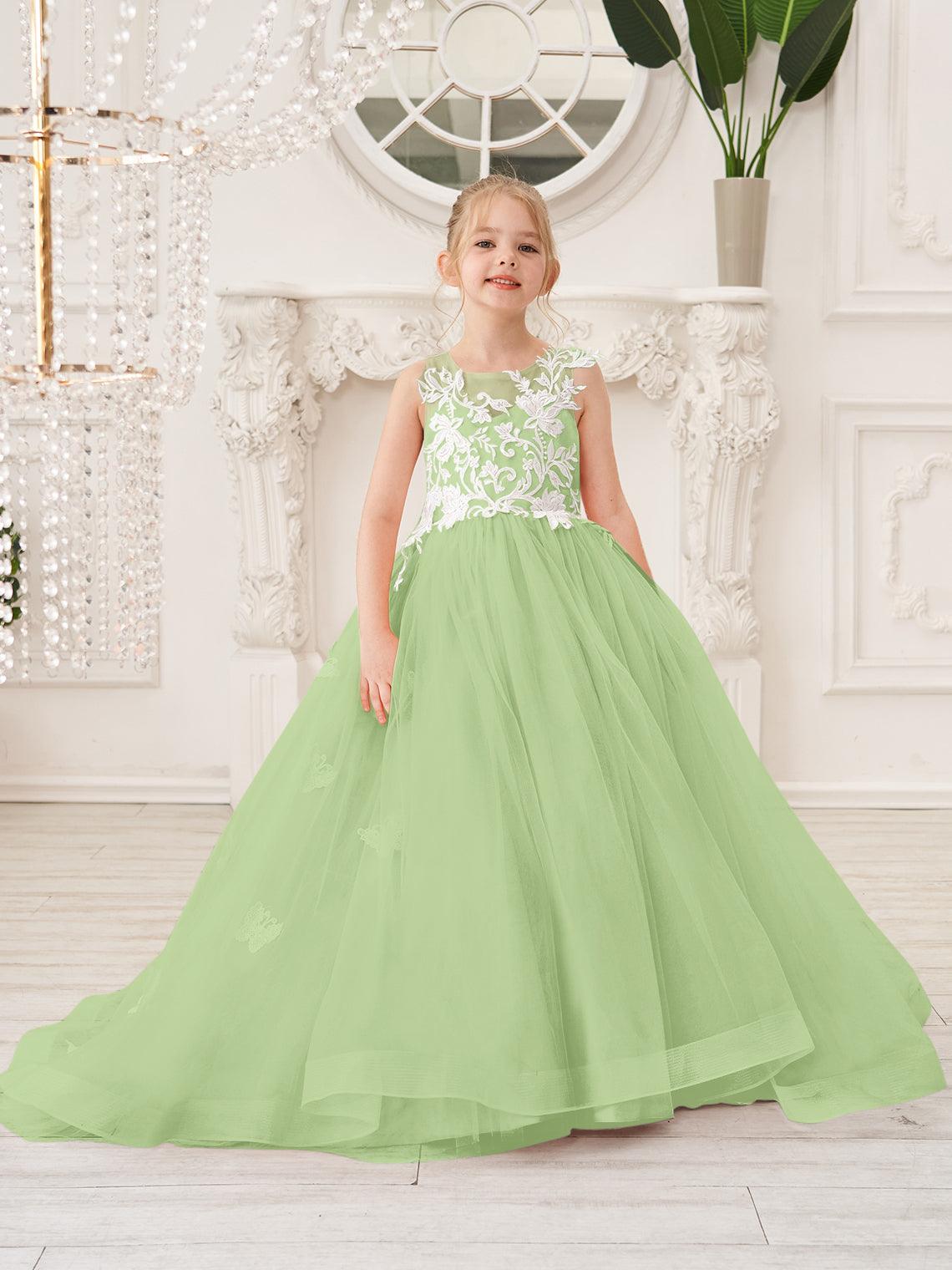 Elegant Sleeveless Tulle Flower Girl Dress With Applique Lace And Sweep Train