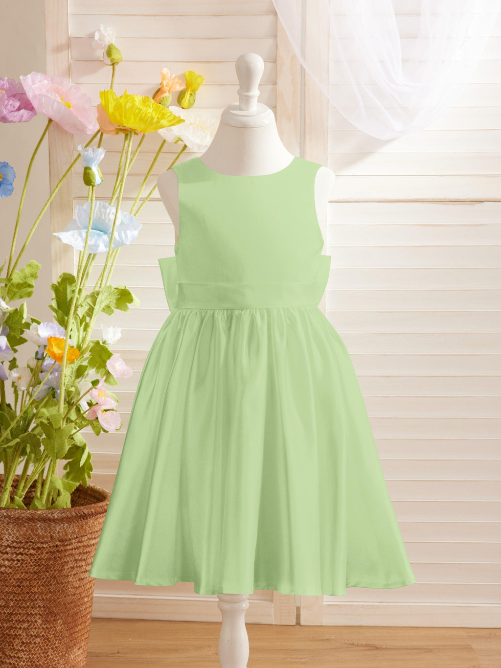 Ivory Satin Princess Flower Girl Knee Length Dress With Bow