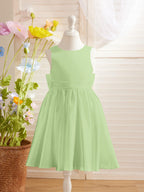 Ivory Satin Princess Flower Girl Knee Length Dress With Bow