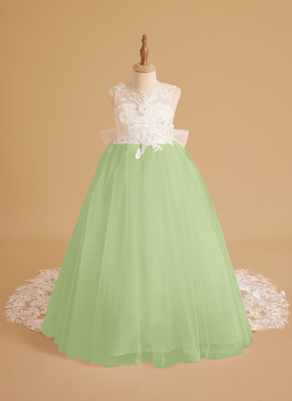 Sleeveless Princess Flower Girl Dress With Detachable Train And Beaded Lace