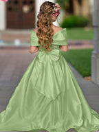 Ivory Satin Flower Girl Princess Ball Gown With Sweep Train And Bow Trim