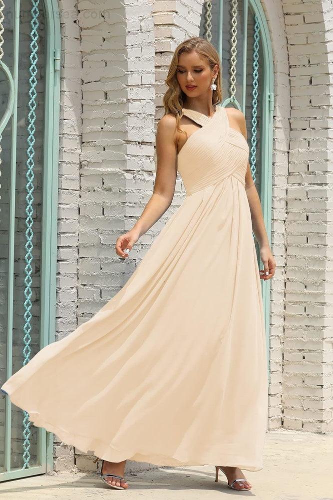Vestido de Dama de Honra Halter em Chiffon para Mulher, Modelo A-Line, Longo, Formal, para Baile de Finalistas SEA28015