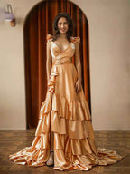 Red V Neck A Line Ruffle Prom Dress With Slit