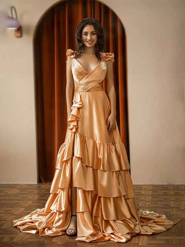Red V Neck A Line Ruffle Prom Dress With Slit