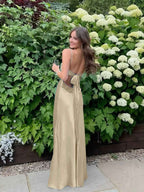 Blue A Line V Neck Beaded Back Tie Long Prom Dress