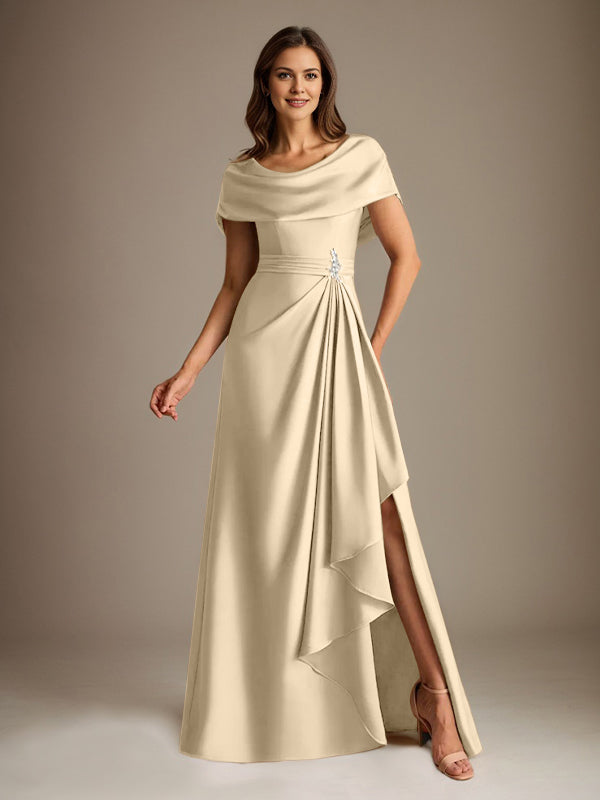 Robe de mère de la mariée en satin extensible, longueur au sol, coupe en A avec encolure dégagée et volants en cascade