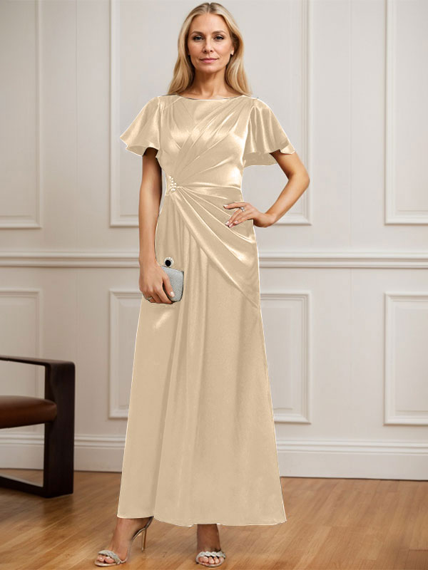 Robe de mère de la mariée en satin extensible, longueur cheville, en ligne A, décolleté arrondi, ornée de perles plissées