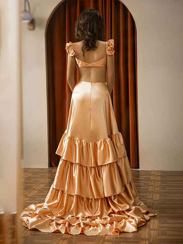 Red V Neck A Line Ruffle Prom Dress With Slit