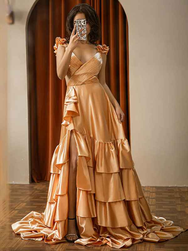 Red V Neck A Line Ruffle Prom Dress With Slit