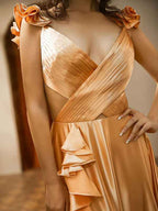 Red V Neck A Line Ruffle Prom Dress With Slit