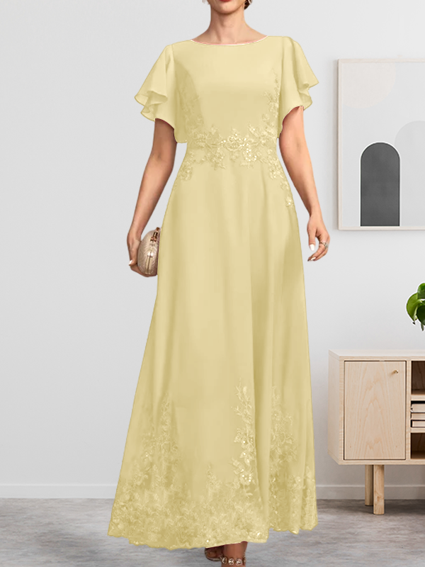 Robe de mère de la mariée en mousseline de soie à dentelle, longueur cheville, en forme trapèze avec décolleté arrondi et paillettes